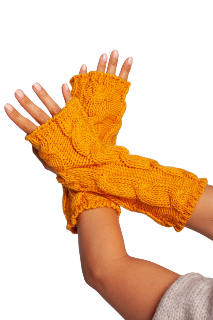 Rękawiczki damskie długie bez palców dzianina swetrowa miodowe